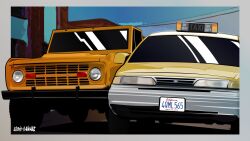 Rule 34 | artist name, blue sky, california, car, commentary, day, english commentary, ford, ford bronco, ford crown victoria, headlight, highres, kaiware, license plate, motor vehicle, no humans, original, outdoors, power lines, sky, sports utility vehicle, taxi, vehicle focus, watermark, yellow car