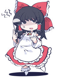 Rule 34 | 1girl, anger vein, apron, ascot, bare shoulders, black eyes, black hair, bow, chahan (fried rice0614), detached sleeves, full body, hair bow, hair tubes, hakurei reimu, highres, holding, holding ladle, japanese clothes, ladle, long hair, nontraditional miko, one-hour drawing challenge, open mouth, red bow, ribbon-trimmed sleeves, ribbon trim, shaded face, sidelocks, simple background, socks, solo, touhou, white apron, white background, white sleeves, white socks, wide sleeves, yellow ascot