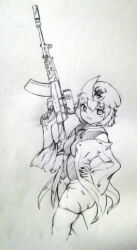 Rule 34 | 1girl, ak-12, assault rifle, breasts, closed mouth, commentary, cowboy shot, frilled hat, frills, genderswap, genderswap (otf), gun, hand on own hip, hat, holding, holding gun, holding weapon, jacket, kalashnikov rifle, len&#039;en, medium breasts, mihimi, open clothes, open jacket, rifle, shirt, shitodo kuroji, short hair, shorts, simple background, smile, traditional media, weapon, white background