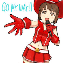 Rule 34 | 00s, 1girl, :d, bare shoulders, belt, blush, brown eyes, brown hair, cowboy shot, english text, gloves, hagiwara yukiho, hat, idolmaster, idolmaster (classic), idolmaster 1, looking at viewer, music, open mouth, outstretched arm, red gloves, red hat, red skirt, red vest, simple background, singing, skirt, sleeveless, smile, solo, vest, white background, yu 65026