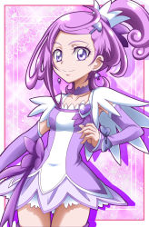 Rule 34 | 1girl, bow, brooch, choker, collarbone, covered erect nipples, cure sword, detached sleeves, dokidoki! precure, earrings, grey bow, hair ornament, hairclip, hanzou, heart, heart brooch, high ponytail, highres, jewelry, long hair, long sleeves, looking at viewer, magical girl, miniskirt, parted bangs, precure, purple bow, purple hair, purple sleeves, skirt, smile, solo, standing