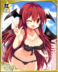 Rule 34 | 1girl, ;d, bikini, black bikini, black wings, blush, border, breasts, cameltoe, card (medium), character name, cleavage, female focus, frilled bikini, frills, front-tie top, hair between eyes, head wings, koakuma, large breasts, leaning forward, long hair, looking at viewer, maturiuta sorato, navel, one eye closed, open mouth, red eyes, red hair, smile, solo, sparkle, swimsuit, touhou, v, very long hair, wings