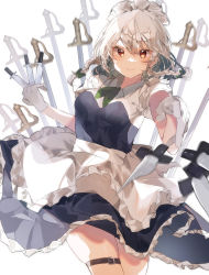 Rule 34 | 1girl, absurdres, apron, ascot, blue dress, bow, braid, breasts, closed mouth, collared shirt, dress, eyes visible through hair, gloves, green ascot, green bow, grey hair, hair between eyes, hair bow, hands up, higa (gominami), highres, izayoi sakuya, knife, looking to the side, maid, maid headdress, medium breasts, puffy short sleeves, puffy sleeves, red eyes, shirt, short hair, short sleeves, simple background, smile, solo, touhou, twin braids, weapon, white apron, white background, white gloves, white shirt