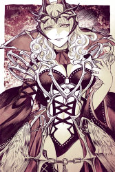 Rule 34 | 1girl, artist name, breasts, carmilla (fate), chain, cleavage, collar, cowboy shot, crosshatching, crown, curly hair, detached sleeves, fate/grand order, fate (series), fingernails, hagino kouta, hatching (texture), headdress, highres, long hair, looking at viewer, monochrome, navel, parted lips, sharp fingernails, solo, supportasse, very long fingernails