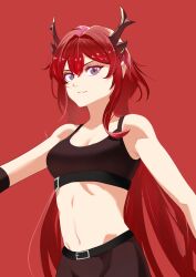 Rule 34 | 1girl, absurdres, ageragera, arknights, bare arms, bare shoulders, belt, black belt, breasts, cleavage, commentary, crop top, hair between eyes, highres, horns, long hair, looking at viewer, medium breasts, midriff, navel, purple eyes, red background, red hair, simple background, smile, solo, sports bra, stomach, surtr (arknights), upper body, very long hair