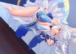 Rule 34 | 1girl, animal ear fluff, animal ears, azur lane, bare shoulders, blue collar, blue dress, blue eyes, blue flower, blue rose, breasts, center opening, cleavage, collar, covered erect nipples, dress, evening gown, flower, fox ears, full body, halter dress, halterneck, highres, indoors, kaidou nora-, kitsune, kyuubi, large breasts, large tail, long hair, looking at viewer, lying, multiple tails, official alternate costume, on bed, on side, pillow, rose, shinano (azur lane), shinano (dreams of the hazy moon) (azur lane), solo, tail, very long hair, white hair, white tail, wrist flower