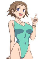 Rule 34 | 10s, 1girl, aqua one-piece swimsuit, blue eyes, bracelet, breasts, brown hair, collarbone, covered navel, cowboy shot, gundam, gundam build divers, hai (h81908190), highleg, highleg swimsuit, index finger raised, jewelry, looking at viewer, medium breasts, nanase nanami (gundam build divers), one-piece swimsuit, open mouth, short hair, simple background, solo, standing, swimsuit, white background