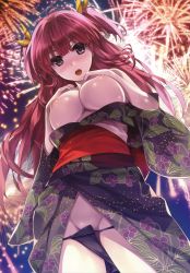 Rule 34 | 1girl, absurdres, black panties, blush, breast suppress, breasts, breasts out, copyright request, female focus, fireworks, hair ribbon, highres, japanese clothes, kimono, large breasts, long hair, looking at viewer, misaki kurehito, nipples, obi, open mouth, panties, purple eyes, red hair, ribbon, sash, scan, solo, two side up, underwear