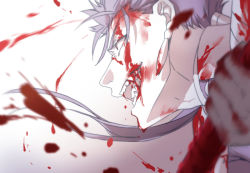 Rule 34 | 1boy, blood, blood on face, blood splatter, blue hair, cu chulainn (fate), earrings, fang, fate/stay night, fate (series), from side, gae bolg (fate), guro, holding, holding weapon, jewelry, cu chulainn (fate/stay night), long hair, male focus, namo, open mouth, polearm, ponytail, red eyes, smile, solo, spear, type-moon, weapon