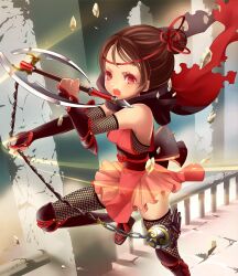 Rule 34 | 1girl, artist request, bare shoulders, brown hair, cape, debris, eyelashes, fighting stance, fishnet armwear, fishnet thighhighs, fishnets, foot out of frame, gauntlets, hair bun, holding, holding weapon, hood, japanese clothes, jpeg artifacts, kunoichi trainee, ninja, official art, railing, red eyes, sandals, shingeki no bahamut, short hair, solo, teeth, thighhighs, torn cape, torn clothes, upper teeth only, weapon, weapon request, zouri