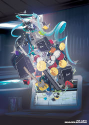Rule 34 | 10s, 1girl, 2014, absurdly long hair, amplifier, aqua hair, book, boots, chris4708, coca-cola, computer, detached sleeves, drum, electric guitar, guitar, hatsune miku, highres, instrument, keyboard (instrument), laptop, long hair, microphone, microphone stand, monitor, necktie, skirt, solo, speaker, thigh boots, thighhighs, twintails, very long hair, vocaloid