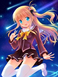 Rule 34 | 10s, 1girl, blonde hair, blue eyes, charlotte (anime), gradient background, highres, long hair, nishimori yusa, one side up, school uniform, side ponytail, solo, thighhighs, yagami-all hail nanao