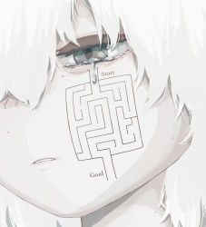 Rule 34 | 1boy, absurdres, avogado6, blue eyes, close-up, commentary request, crying, crying with eyes open, highres, male focus, maze, mole, mole under eye, original, pale skin, parted lips, portrait, solo, tears, white hair