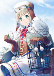 Rule 34 | 1girl, asahikawa hiyori, bird, bird on hand, birdcage, blush, breath, brown gloves, cage, cape, closed mouth, corsed, corset, day, dress, gloves, goggles, goggles on headwear, green eyes, hat, light smile, long sleeves, neck ribbon, original, outdoors, owl, red ribbon, ribbon, silver hair, solo, white dress