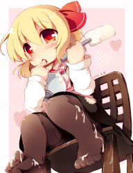 Rule 34 | 1girl, apron, black dress, black pantyhose, blonde hair, blush, bowl, chair, chocolate, dress, finger to mouth, hair ribbon, heart, highres, licking, licking finger, long sleeves, matatabi (nigatsu), open mouth, pantyhose, red eyes, ribbon, rumia, sexually suggestive, shirt, sitting, solo, spatula, spilling, suggestive fluid, tongue, tongue out, touhou, white chocolate
