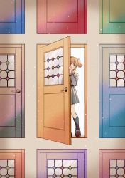 Rule 34 | 1girl, absurdres, black socks, blonde hair, bow, bowtie, brown footwear, closed mouth, commentary, covered mouth, daiba nana, door, green eyes, green ribbon, grey jacket, grey skirt, hair between eyes, hair ribbon, hand up, haruhana aya, highres, jacket, kneehighs, light particles, loafers, long sleeves, looking at viewer, miniskirt, one eye covered, opening door, peeking out, pleated skirt, red bow, red bowtie, ribbon, school uniform, seishou music academy uniform, shoes, short hair, short twintails, shoujo kageki revue starlight, skirt, smile, socks, solo, standing, twintails, wall