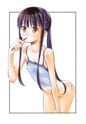 Rule 34 | 1girl, absurdres, black border, black hair, blue panties, blue shirt, border, breasts, brown eyes, brushing teeth, camisole, commentary request, cowboy shot, highres, holding, holding toothbrush, kusano kouichi, leaning forward, long hair, looking at viewer, navel, original, outside border, panties, ponytail, shirt, sidelocks, skindentation, small breasts, solo, standing, toothbrush, underwear, underwear only, white background