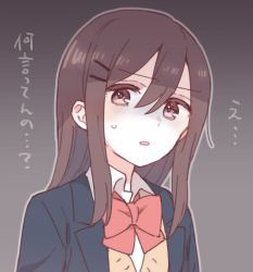 Rule 34 | 1girl, absurdres, adachi to shimamura, black jacket, blazer, bow, brown eyes, brown hair, brown sweater, collared shirt, grey background, hair between eyes, hair ornament, hairclip, highres, jacket, long hair, looking at viewer, open clothes, open jacket, parted lips, red bow, shimamura hougetsu, shirt, solo, sorimachi-doufu, sweat, sweater, white shirt