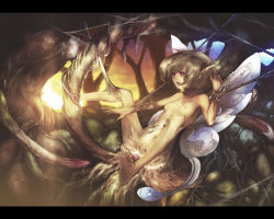 Rule 34 | 1girl, bad id, bad pixiv id, barefoot, brown hair, censored, chitose rin, fairy, fairy wings, feet, flat chest, letterboxed, monster, mosaic censoring, nipples, nude, original, pointy ears, rape, red eyes, rel, silk, solo, spider web, spread legs, tentacles, tree, wings