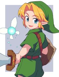Rule 34 | 1boy, :d, belt, blonde hair, blouse, blue eyes, brown belt, commentary request, cowboy shot, deku shield, fairy, foreshortening, from behind, from side, green hat, green shirt, green shorts, grey background, hair intakes, happy, hat, highres, holding, holding shield, holding sword, holding weapon, kokiri sword, link, looking at viewer, looking back, male focus, navi, nintendo, open mouth, parted bangs, pointy ears, shield, shirt, short sleeves, shorts, sidelocks, smile, standing, sword, the legend of zelda, the legend of zelda: ocarina of time, tunic, weapon, wing collar, wooden shield, yokoyoko (nazonazo), young link