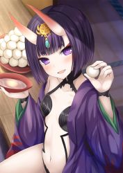 Rule 34 | 1girl, :d, bare shoulders, blunt bangs, blush, collarbone, cup, eyeshadow, fangs, fate/grand order, fate (series), flat chest, food, food request, holding, holding cup, holding food, japanese clothes, kimono, long sleeves, looking at viewer, makeup, mochi, navel, off shoulder, on floor, oni, open mouth, purple eyes, purple hair, purple kimono, revealing clothes, sakazuki, shuten douji (fate), shuten douji (first ascension) (fate), sitting, smile, solo, stomach, taiki ken, thighs, wide sleeves, wooden floor