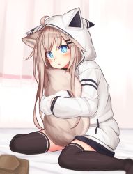 Rule 34 | 1girl, :o, absurdres, animal collar, animal ear fluff, animal ears, animal hood, between legs, black legwear, blue eyes, collar, commentary request, dog ears, dog tail, fang, full body, highres, hood, hood up, hoodie, hugging own tail, hugging tail, light brown hair, long hair, long sleeves, looking at viewer, no pants, original, parted lips, reitou mikan, sitting, tail, tail between legs, wariza