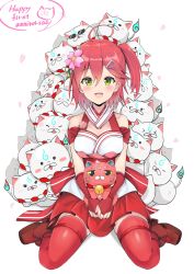 Rule 34 | 1girl, 35p (sakura miko), absurdres, ahoge, anniversary, armband, bare shoulders, breasts, brooch, cat, cleavage cutout, clothing cutout, collarbone, detached sleeves, flower, green eyes, hair ornament, hairclip, highres, hololive, jewelry, kintoki (sakura miko), looking at viewer, medium breasts, medium hair, miniskirt, multiple cats, nontraditional miko, one side up, open mouth, petals, pink cat, pink hair, sakura miko, sakura miko (old design), satobitob, sitting, skirt, smile, thighhighs, virtual youtuber, white background, white cat, zettai ryouiki
