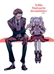 Rule 34 | 1boy, 1girl, black capelet, black necktie, blood, brown footwear, brown hair, brown jacket, brown pants, brown vest, buttons, capelet, collared shirt, commentary, commission, cup, drinking, drinking glass, english commentary, frilled sleeves, frills, full body, grey hair, holding, holding cup, jacket, jpeg artifacts, lapels, long hair, long sleeves, looking at another, naotin3333, napkin, necktie, original, pale color, pants, prosthesis, prosthetic leg, red skirt, shirt, shoes, short hair, sitting, skeb commission, skinny, skirt, socks, striped clothes, striped socks, thank you, twintails, vertical-striped clothes, vertical-striped socks, vest, waistcoat, white background, white shirt