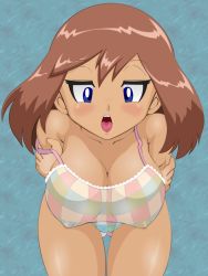 Rule 34 | 1girl, bad anatomy, bikini, blue eyes, blush, breasts, brown hair, cleavage, creatures (company), covered erect nipples, fat mons, game freak, large breasts, lupus, may (pokemon), naughty face, nintendo, pokemon, see-through, swimsuit, undressing
