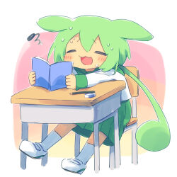 Rule 34 | 1girl, :3, animal ears, ayakashi (monkeypanch), blush stickers, book, closed eyes, commentary, desk, double-parted bangs, ears down, eraser, full body, furrowed brow, gradient background, green hair, green skirt, highres, holding, holding book, loafers, long hair, long sleeves, low ponytail, no nose, open mouth, pencil, pleated skirt, school desk, school uniform, serafuku, shirt, shoes, sitting, skirt, smile, socks, solo, squiggle, stretched limb, studying, sweat, very long hair, voiceroid, voicevox, white background, white footwear, white shirt, white socks, winter uniform, zundamon