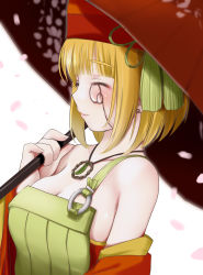 Rule 34 | 1girl, absurdres, blonde hair, blush, bob cut, breasts, cleavage, closed eyes, detached sleeves, dress, earrings, from side, green dress, hair ornament, hat, highres, holding, holding umbrella, jewelry, kozue akari, large breasts, long sleeves, medium hair, monocle, oil-paper umbrella, petals, red hat, red umbrella, sen rikyuu, sengoku otome, smile, solo, tassel, tassel hair ornament, umbrella, upper body