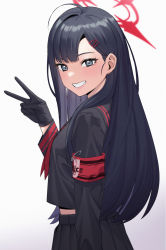 Rule 34 | 1girl, acaa, ahoge, arm at side, armband, black eyes, black gloves, black hair, black sailor collar, black serafuku, black skirt, blue archive, blush, cowboy shot, crop top, english text, from side, gloves, grin, hair behind ear, hair ornament, hairclip, halo, hand up, highres, ichika (blue archive), long hair, long sleeves, looking at viewer, midriff, neckerchief, pleated skirt, red neckerchief, safety pin, sailor collar, school uniform, serafuku, simple background, skirt, smile, solo, swept bangs, text print, v, white background
