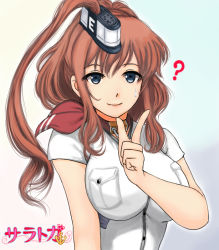 Rule 34 | 1girl, ?, blue eyes, breast pocket, breasts, brown hair, character name, dress, index finger raised, kantai collection, large breasts, long hair, pocket, ponytail, saratoga (kancolle), side ponytail, simple background, smile, solo, upper body, white background, white dress, yamasuke mk2