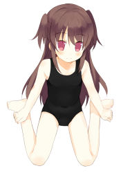 Rule 34 | 1girl, barefoot, brown hair, feet, flat chest, full body, hands on feet, long hair, meito (maze), one-piece swimsuit, original, school swimsuit, solo, swimsuit, toes, twintails