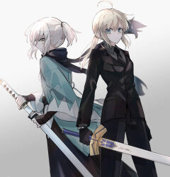 Rule 34 | 2girls, ahoge, arm guards, artoria pendragon (all), artoria pendragon (fate), back-to-back, black gloves, black hakama, black jacket, black necktie, black pants, black scarf, black suit, blonde hair, blue jacket, breasts, collared shirt, cowboy shot, excalibur (fate/stay night), fate/grand order, fate/zero, fate (series), formal, gloves, gradient background, green eyes, grey shirt, hair between eyes, hakama, haori, highres, holding, holding sword, holding weapon, jacket, japanese clothes, katana, kimono, look-alike, looking at viewer, low ponytail, multiple girls, nayu tundora, necktie, okita souji (fate), okita souji (koha-ace), pant suit, pants, profile, saber (fate), scarf, sheath, shinsengumi, shirt, short ponytail, sideways glance, small breasts, standing, suit, suit jacket, sword, unsheathing, weapon, white background, white kimono, yellow eyes