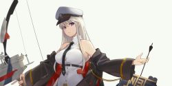 Rule 34 | 1girl, arrow (projectile), azur lane, bare shoulders, blush, bow (weapon), breasts, compound bow, enterprise (azur lane), expressionless, grey background, hat, holding, holding arrow, holding bow (weapon), holding weapon, large breasts, long hair, looking at viewer, necktie, peaked cap, purple eyes, shirt, silver hair, simple background, skirt, sleeveless, sleeveless shirt, smile, solo, very long hair, weapon, xiujia yihuizi