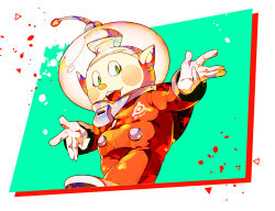 Rule 34 | 1boy, backpack, bag, blush stickers, buttons, collin (pikmin), commentary request, cowlick, foot out of frame, gloves, green background, green eyes, grey hair, helmet, high collar, jumpsuit, long sleeves, looking at viewer, male-female symbol, nintendo, open mouth, outstretched arms, paint splatter, petals, pikmin (series), pikmin 4, pointy ears, radio antenna, red bag, red jumpsuit, red sleeves, shirushiki, shoes, short hair, smile, solo, space helmet, spacesuit, teeth, triangle, two-tone background, upper teeth only, very short hair, whistle, white background, white footwear, white gloves