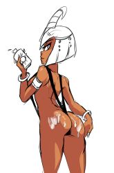 Rule 34 | 1girl, ass, bad id, bad tumblr id, bob cut, bottle, dark skin, dark-skinned female, drcockula, egyptian, eliza (skullgirls), from behind, highres, lotion, lotion bottle, partially colored, sexually suggestive, short hair, skullgirls, slingshot swimsuit, solo, swimsuit, tiara