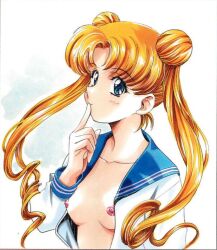 1990s_(style) 1girl bishoujo_senshi_sailor_moon blonde_hair blue_eyes breasts eyebrows kawarajima_kou long_hair medium_breasts neck nipples open_clothes retro_artstyle school_uniform serafuku small_breasts solo solo_focus tsukino_usagi twintails