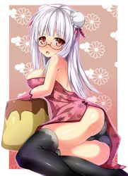 Rule 34 | 1girl, :o, alternate costume, ass, black panties, black thighhighs, blush, breasts, cameltoe, double bun, food, glasses, gloves, hair bun, heidimarie w. schnaufer, highres, kuragari, large breasts, long hair, looking at viewer, panties, pudding, red eyes, solo, strike witches, thighhighs, underwear, white hair, world witches series
