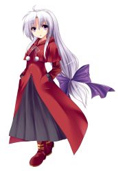 Rule 34 | 00s, 1girl, ahoge, black skirt, blush, boots, full body, highres, long hair, long skirt, low-tied long hair, m.u.g.e.n, melty blood, open clothes, open mouth, purple eyes, red len, skirt, solo, transparent background, tsukihime, very long hair, white hair, yuu sagi