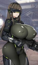 Rule 34 | 1girl, alternate breast size, armor, armored bodysuit, armored gloves, bodysuit, breasts, commentary, commentary request, covered erect nipples, cowboy shot, dekapaiyukari, goddess of victory: nikke, gun, highres, holding, holding gun, holding weapon, huge breasts, impossible bodysuit, impossible clothes, long hair, mass-produced nikke, mecha musume, numbered, shiny clothes, shoulder armor, solo, standing, swept bangs, visor (armor), weapon
