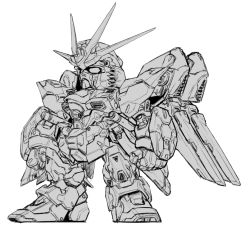 Rule 34 | chibi, chinese commentary, destiny gundam, greyscale, gundam, gundam seed, gundam seed destiny, looking ahead, mecha, mechanical wings, mobile suit, monochrome, no humans, robot, science fiction, sfss, solo, standing, strike freedom gundam, undam, v-fin, white background, wings