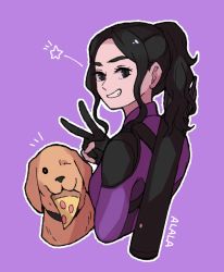 Rule 34 | 1girl, animification, black hair, commentary, dog, fingerless gloves, food, gloves, golden retriever, grin, hawkeye (marvel), highres, kate bishop, long hair, looking at viewer, marvel, marvel cinematic universe, one eye closed, pizza, pizza slice, ponytail, purple background, sidelocks, smile, sushi pizza rrr, symbol-only commentary, v