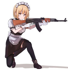 Rule 34 | 1girl, absurdres, ak-47, apron, assault rifle, black bow, black dress, black thighhighs, blonde hair, blush, boots, bow, brown eyes, brown footwear, closed mouth, commentary request, cross-laced footwear, dress, finger on trigger, frilled apron, frills, full body, garter straps, gun, highres, holding, holding gun, holding weapon, kalashnikov rifle, lace-up boots, looking away, maid, maid headdress, natsu (sinker8c), on one knee, original, puffy short sleeves, puffy sleeves, rifle, shadow, shirt, short sleeves, sleeveless, sleeveless dress, solo, thighhighs, waist apron, weapon, white apron, white background, white bow, white shirt