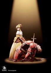 Rule 34 | 1boy, 1girl, aku no musume (vocaloid), arched back, armor, artist logo, blonde hair, blood, blood from mouth, blood on ground, blue eyes, bow, breastplate, broad shoulders, brown hair, choker, closed eyes, coat of arms, couter, cuirass, cuisses, death, dress, dress bow, evil smile, evillious nendaiki, full armor, gauntlets, hair bow, hair ornament, hairclip, high ponytail, impaled, kagamine rin, knight, leon (vocaloid), leonhart avadonia, looking back, mario gagabriel, message in a bottle, off-shoulder dress, off shoulder, orange bow, parted lips, petticoat, poleyn, princess, red armor, rerebrace, riliane lucifen d&#039;autriche, sheath, shoulder armor, smile, stab, sword, symbolism, turning head, twitter username, updo, vambraces, vocaloid, walking away, weapon, wide sleeves, yellow choker, yellow dress