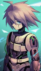 Rule 34 | 1boy, ahoge, android, armor, cable, closed mouth, covered collarbone, cowboy shot, danganronpa (series), danganronpa v3: killing harmony, frown, green background, green eyes, grey hair, hair between eyes, headphones, highres, hiyashi men, k1-b0, male focus, power armor, solo, spiked hair