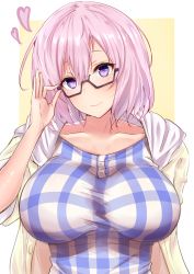 Rule 34 | 1girl, adjusting eyewear, breasts, collarbone, fate (series), glasses, heart, highres, large breasts, light smile, looking at viewer, mash kyrielight, mash kyrielight (senpai killer outfit), official alternate costume, purple eyes, purple hair, sankakusui, smile, solo