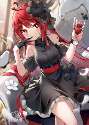 Rule 34 | 1girl, absurdres, ahoge, alcohol, bare legs, bare shoulders, bird, black gloves, closers, couch, crossed legs, cup, drinking glass, eyebrows hidden by hair, ginn (hzh770121), glove in mouth, glove pull, gloves, hair between eyes, highres, holding, holding cup, indoors, long hair, looking at viewer, mouth hold, off shoulder, pigeon, red eyes, red hair, seth (closers), sitting, skirt, solo, wine, wine glass