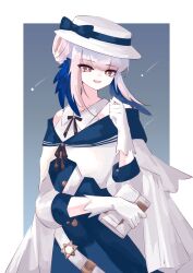 Rule 34 | 1girl, arknights, blue bow, border, bow, bright pupils, ceylon (arknights), cowboy shot, dress, feather hair, gloves, grey background, hair bun, hand up, hat, hat bow, highres, holding, holding wallet, looking at viewer, nazo no hana, open mouth, outside border, pink eyes, pink hair, simple background, solo, star (symbol), wallet, white border, white dress, white gloves, white hat, white pupils